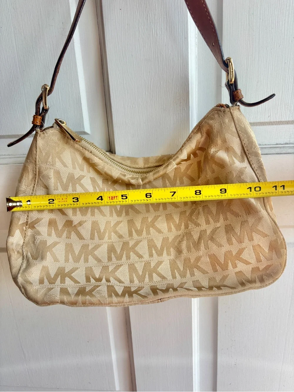 VTG Michael Kors Jacquard Logo Shoulder Bag Tan Y2K Canvas Leather Hobo Purse